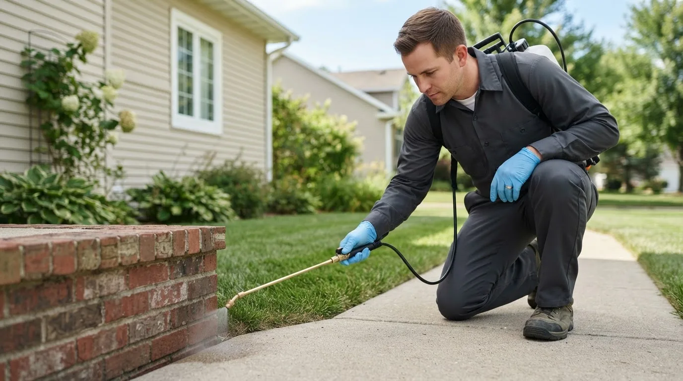 Pest control technician treating a home near Hampden, ND