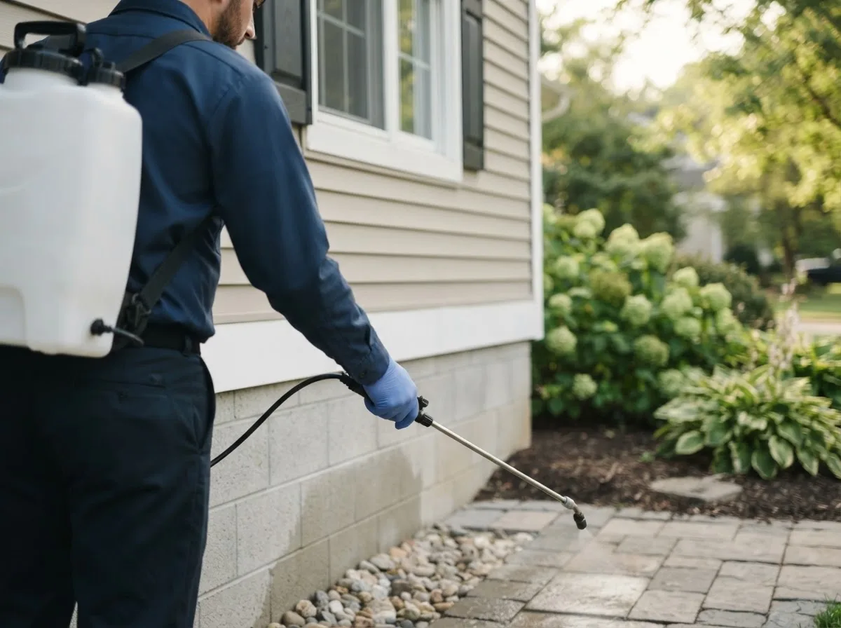 Pest control technician inspecting a home in Hampden, ND